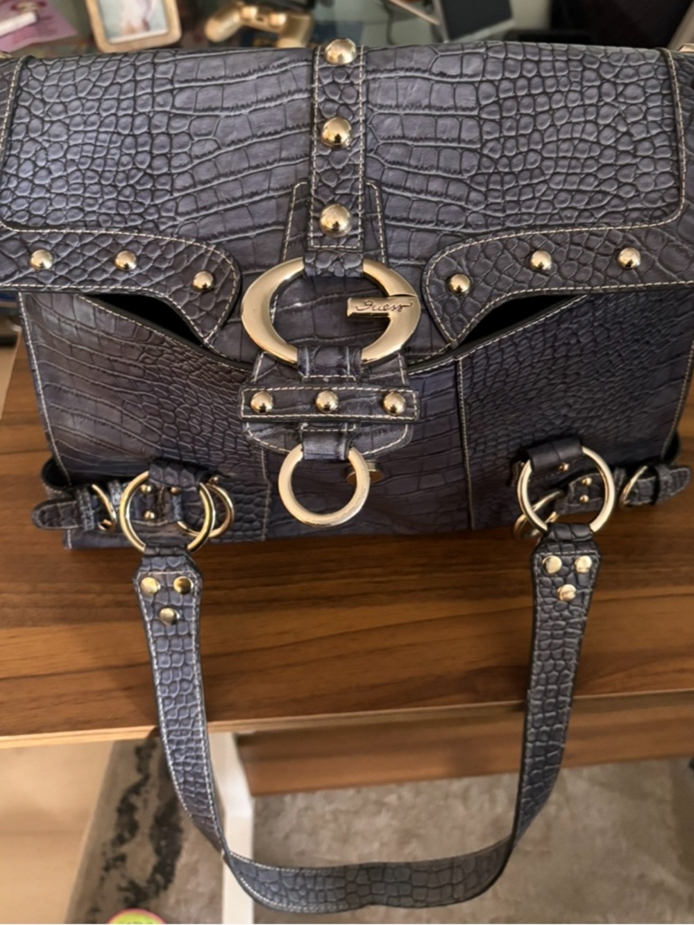 Guess Croc-Embossed Satchel in Dark Blue with Gold Hardware